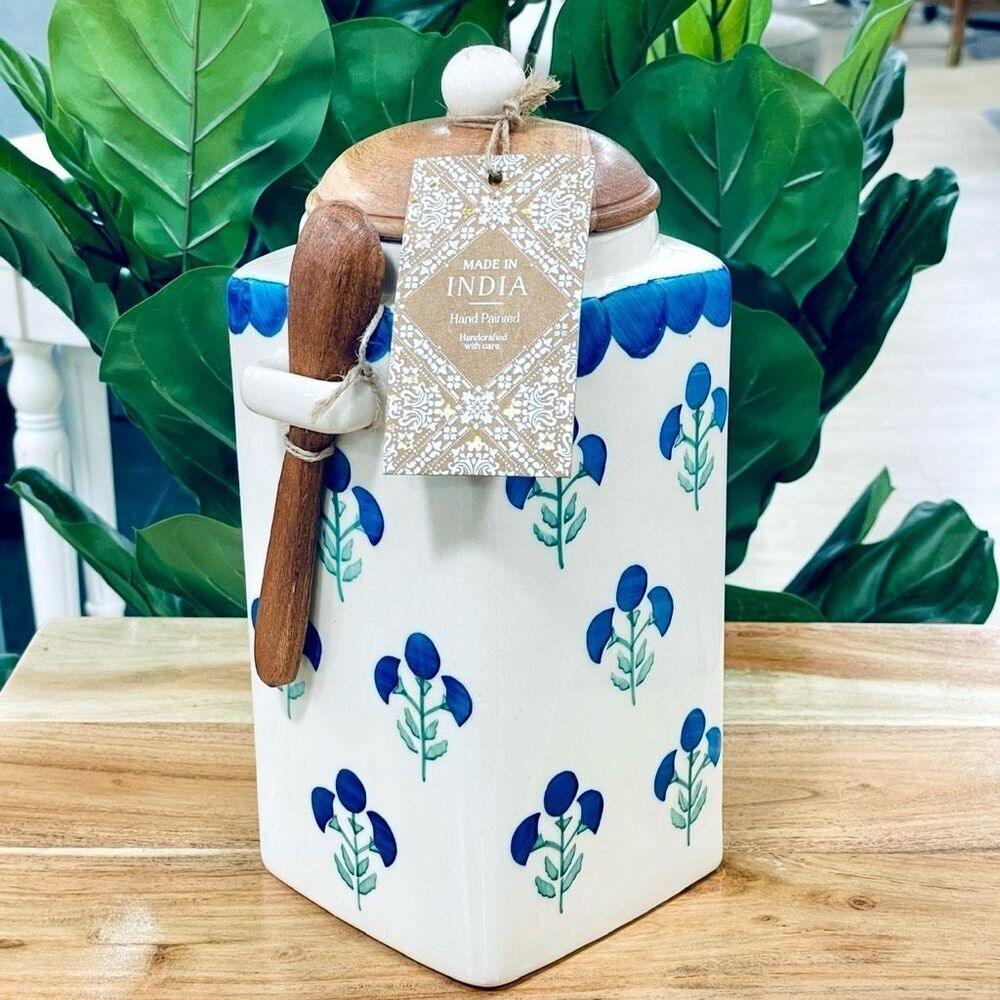 NWT Tik Tok Viral Made in India Artisan Blue Ceramic Canister w Wood Spoon & Lid